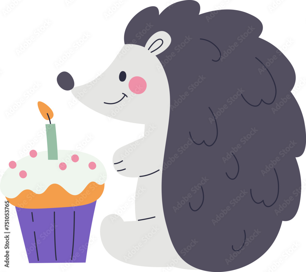 Fototapeta premium Hedgehog With Birthday Cupcake