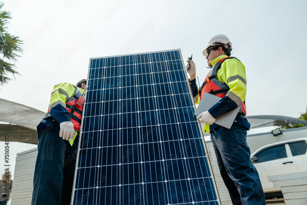 Workers Technicians are working to construct solar panels system on construction site. engineers are checking before Instal solar photovoltaic panel system. Renewable clean energy technology concept. Workers Technicians are working to construct solar panels system on construction site. engineers are checking before Instal solar photovoltaic panel system. Renewable clean energy technology concept.