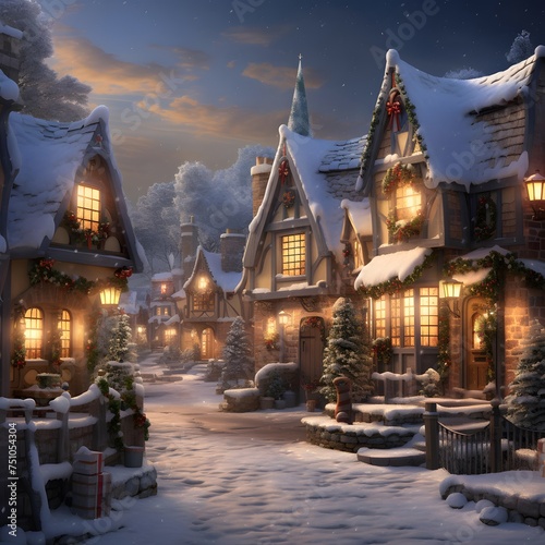 Christmas village at night with snowy houses and christmas trees in snow