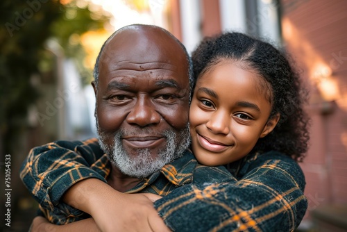 african american teenage daughter hugging her father outside in town when spending time together