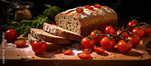 A loaf of bread made of whole wheat, cheese, and juicy cherry tomatoes is placed on top of a wooden cutting board in a kitchen setting.