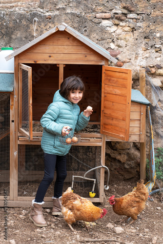 UGC, Happy kid picking eggs from chicken coop photo