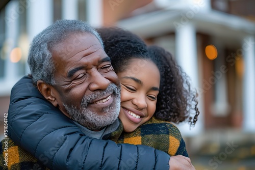 african american teenage daughter hugging her father outside in town when spending time together © Salsabila Ariadina