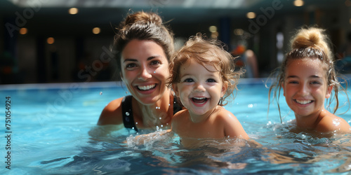 happy baby learns to swim with woman instructor in swimming pool