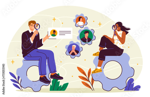 Personnel planning concept. Man and woman sitting at coghweels and gears. Teamwork, collaboration and cooperation. Time management and scheduling. Cartoon flat vector illustration