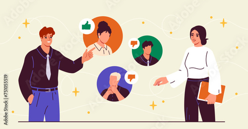 Public disapproval concept. Man and woman evaluate guys and girls. Social rating and ranking. People with culture cancel. Cartoon flat vector illustration isolated on beige background