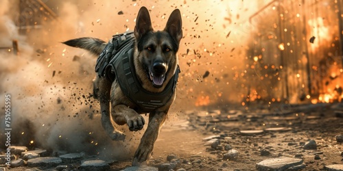 German shepherd dog army in action on the background of fire. photo