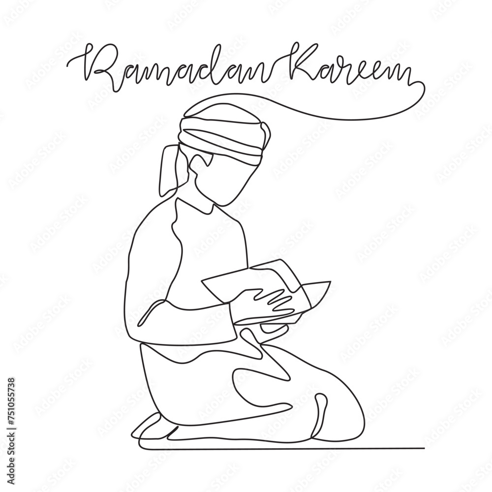 One continuous line drawing of Moslem man is read Qur'an vector illustration. Moslem praying during Ramadan in mosque design in simple linear style vector concept. Suitable for your asset design. One continuous line drawing of Moslem man is read Qur'an vector illustration. Moslem praying during Ramadan in mosque design in simple linear style vector concept. Suitable for your asset design.