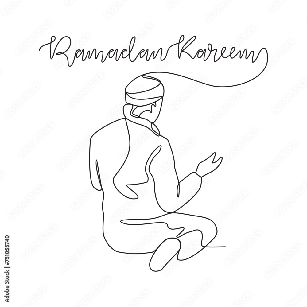 One continuous line drawing of Moslem man is read Qur'an vector illustration. Moslem praying during Ramadan in mosque design in simple linear style vector concept. Suitable for your asset design. One continuous line drawing of Moslem man is read Qur'an vector illustration. Moslem praying during Ramadan in mosque design in simple linear style vector concept. Suitable for your asset design.