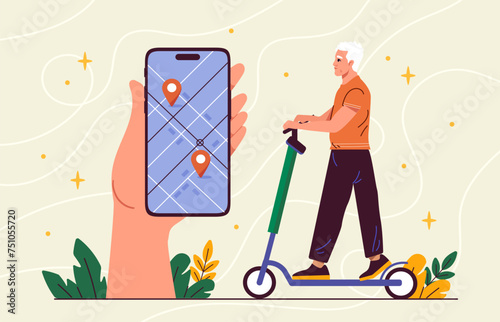Senior man renting scooter. Elderly person at escooter near smartphone with map. Modern technologies and innovations. Navigation and geolocation. Cartoon flat vector illustration