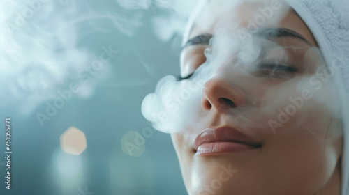 A womans face half covered in steam with a relaxed and rejuvenated expression as she indulges in a deep skincare treatment with a facial steamer. photo
