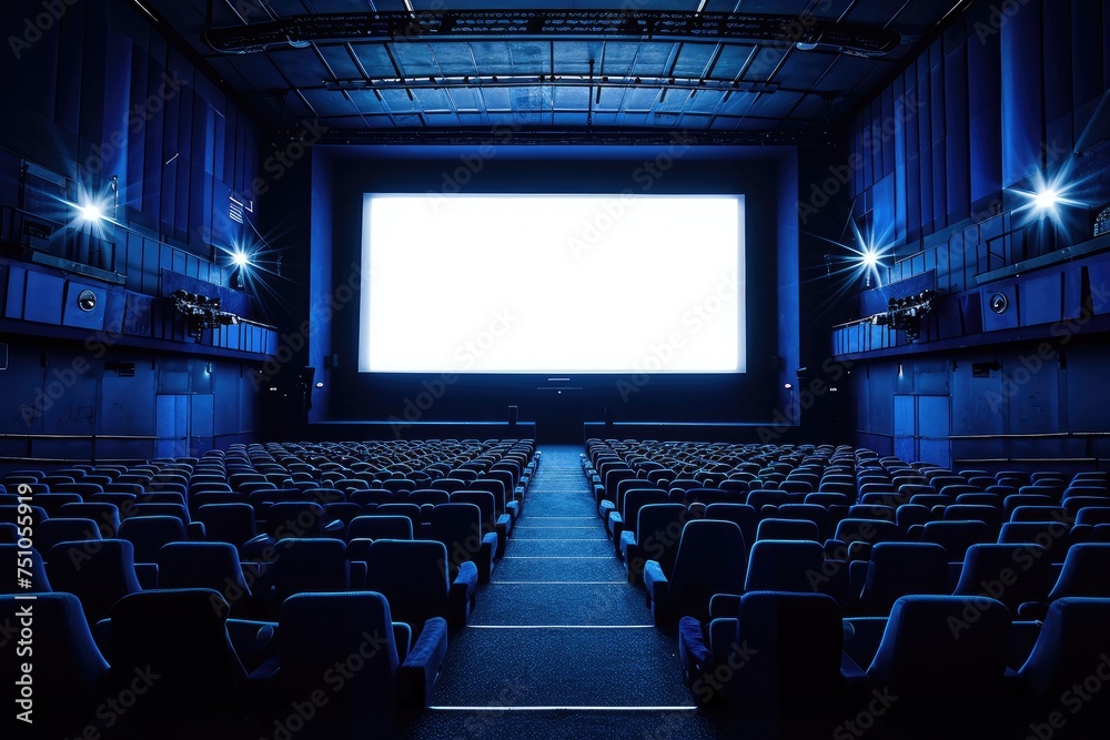 Empty of cinema in blue color with white blank screen Empty of cinema in blue color with white blank screen