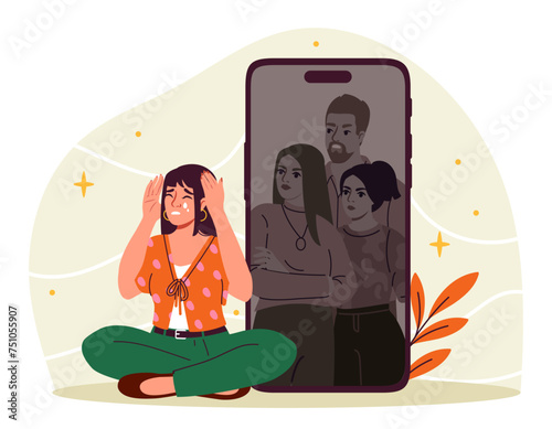 Woman with social phobia. Young girl sitting near smartphone. Introvert with mental and psychological problems. Loneliness, frustration and depression. Cartoon flat vector illustration