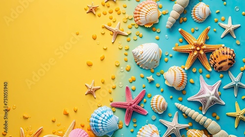 Colorful seashells and starfish arranged on a dual-tone backdrop