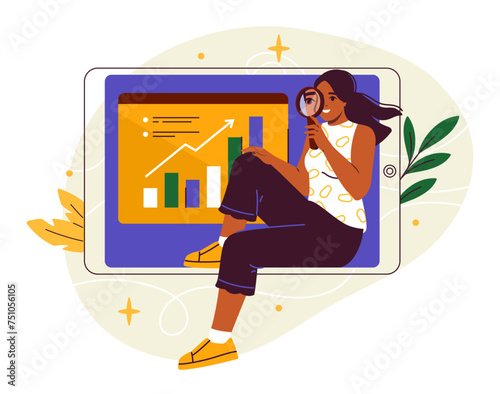 Woman with task control concept. Young girl with magnifying glass near graphs and diagrams. Scheduling and planning, organizing efficient work process. Cartoon flat vector illustration © Rudzhan