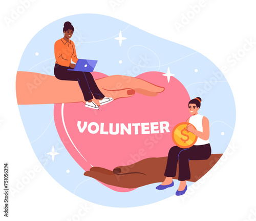 Volunteers with donations concept. Women with laptop and golden coin near big heart. Activists pf charitable foundation. Care and support. Kindness and generosity. Cartoon flat vector illustration
