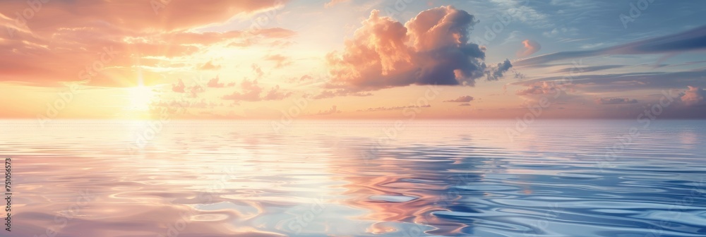 Tranquil ocean sunset with cloudscape - Serene scene of a vivid sunset over a calm ocean with fluffy clouds reflecting on water's surface
