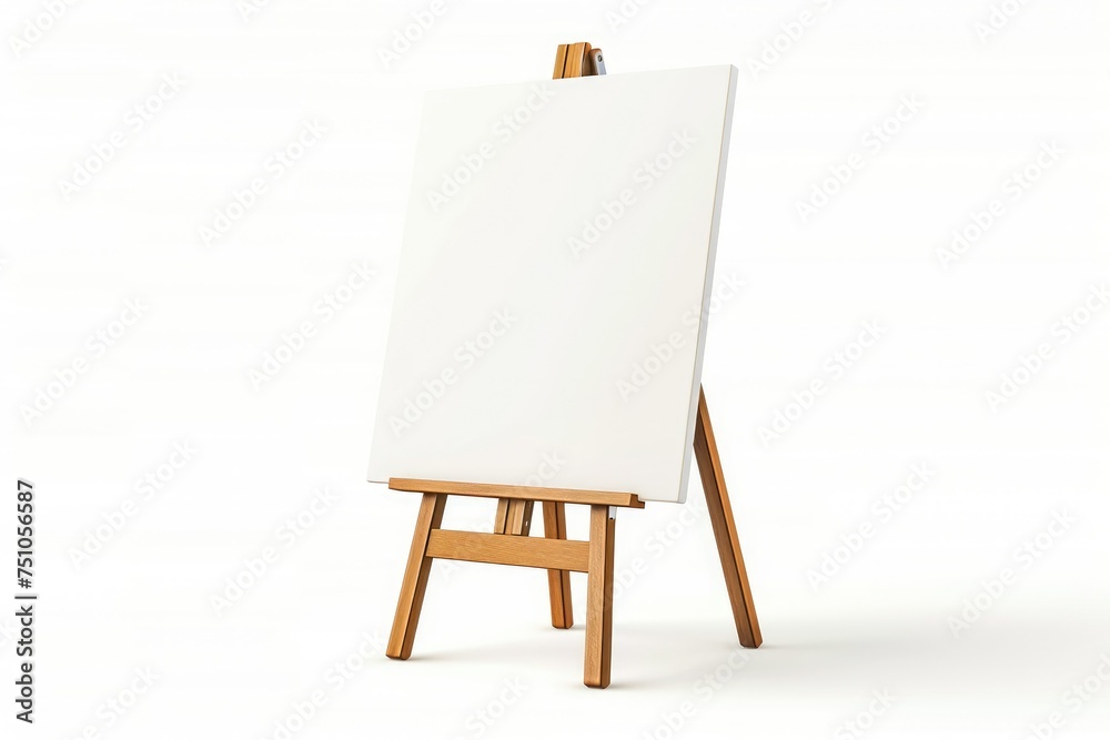White blank canvas on a small wooden easel - A minimalist setup featuring a pristine white blank canvas mounted on a simple wooden easel, isolated against a pure white background White blank canvas on a small wooden easel - A minimalist setup featuring a pristine white blank canvas mounted on a simple wooden easel, isolated against a pure white background