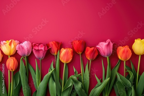 Colorful blooming tulips border banner on red background