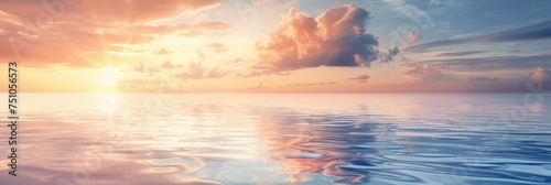 Tranquil ocean sunset with cloudscape - Serene scene of a vivid sunset over a calm ocean with fluffy clouds reflecting on water s surface