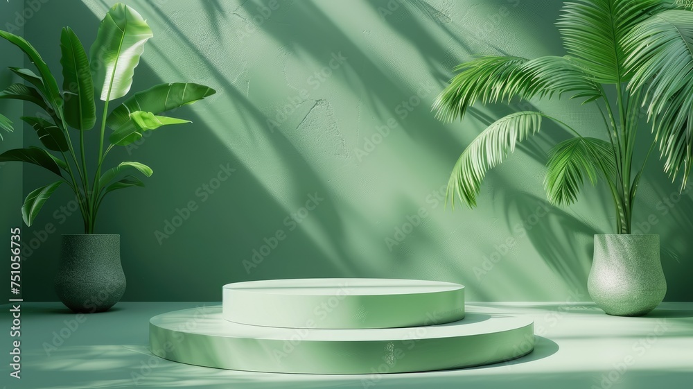 Green indoor podium with natural shadows - Bright and fresh green interior display with a podium casting natural shadows next to potted plants Green indoor podium with natural shadows - Bright and fresh green interior display with a podium casting natural shadows next to potted plants