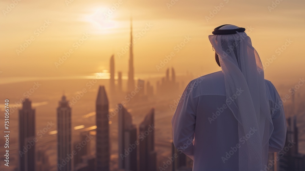 Arab businessman standing on top of a skyscraper overlooking the city