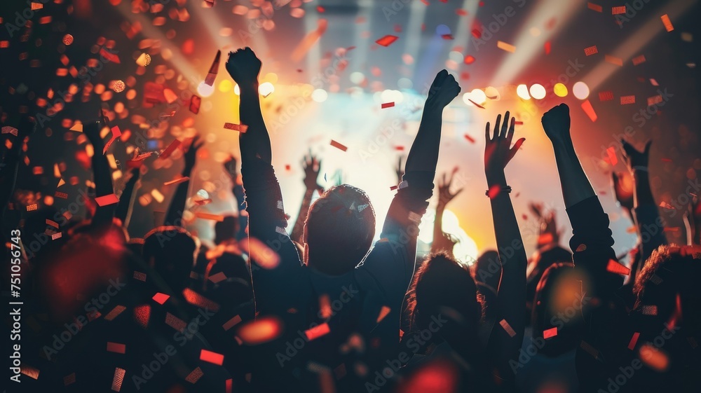 High-energy concert crowd with raised hands - High-adrenaline concert scene with a crowd of fans raising their hands, enjoying the live music and vibrant red confetti