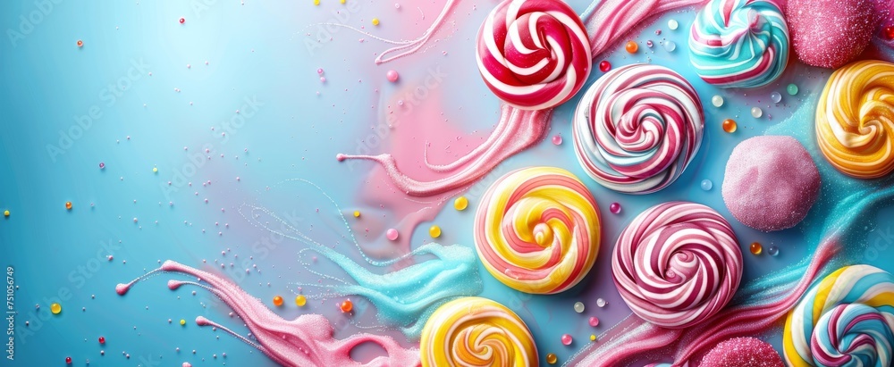 Colorful candy swirls and drops on a vibrant blue background, depicting a sweet and playful mood.