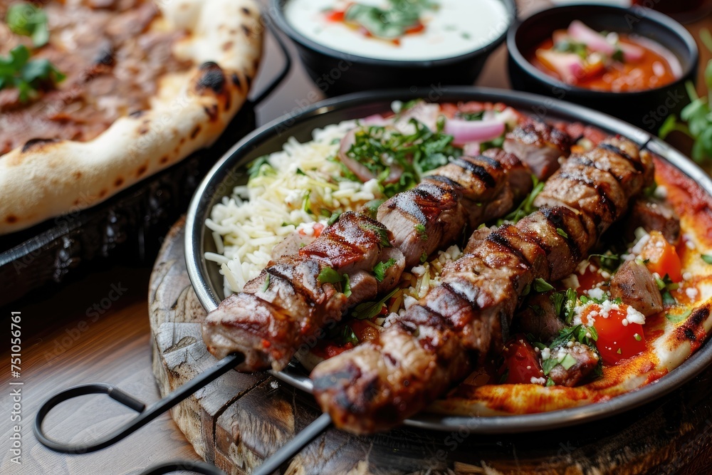 Kebab skewers with sauce on hot grill - Tender meat skewers drizzled with a savory sauce on a sizzling grill, ready to enjoy Kebab skewers with sauce on hot grill - Tender meat skewers drizzled with a savory sauce on a sizzling grill, ready to enjoy