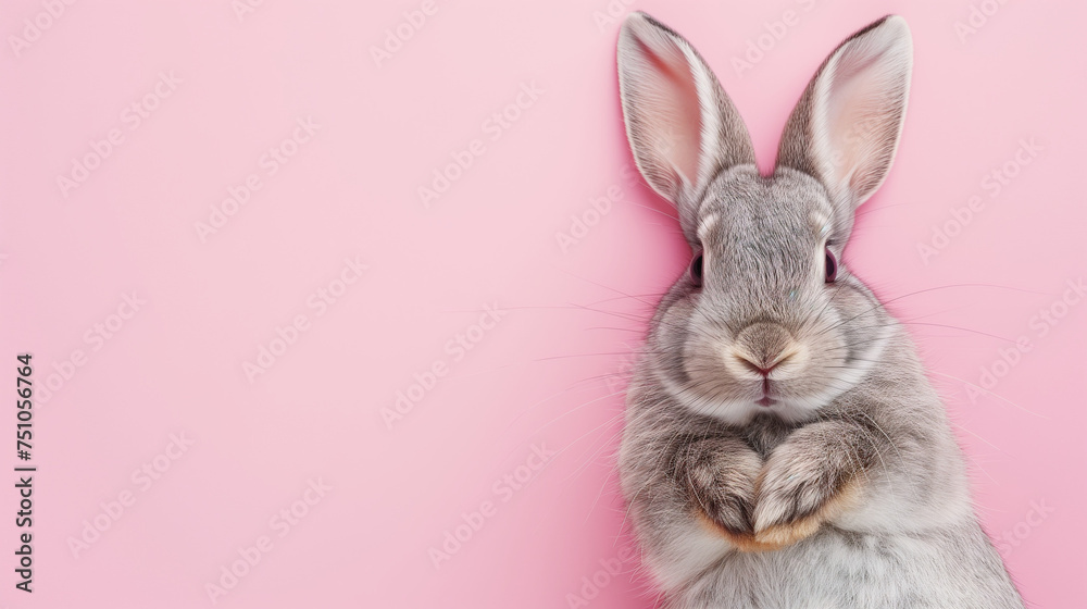 A tranquil gray rabbit or bunny lies with folded paws on a pink backdrop. Easter theme, banner, copy space. A tranquil gray rabbit or bunny lies with folded paws on a pink backdrop. Easter theme, banner, copy space.