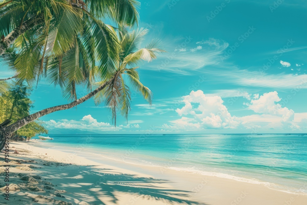 Palm tree on pristine tropical beach - Idyllic scene with a single palm tree on a pristine beach with turquoise waters under a clear sky for a perfect holiday