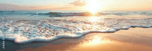 Golden hour seascape with waves reaching shore - Beautiful seascape captured during golden hour with soft waves caressing the sandy beach embodying serenity and natural rhythms