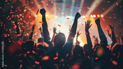 High-energy concert crowd with raised hands - High-adrenaline concert scene with a crowd of fans raising their hands, enjoying the live music and vibrant red confetti