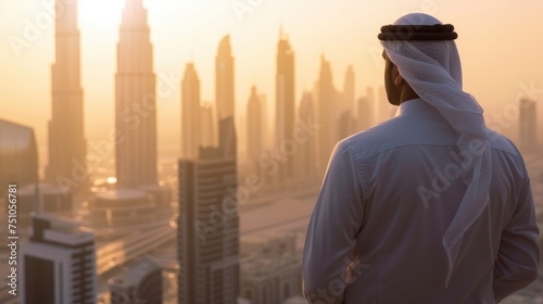 Arab businessman standing on top of a skyscraper overlooking the city