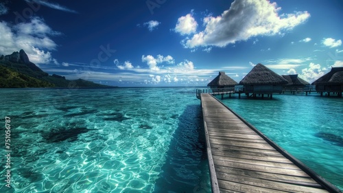 Overwater bungalows in tropical island paradise - Serene tropical landscape with overwater huts stretching from a wooden walkway into the azure sea under dramatic skies © Tida