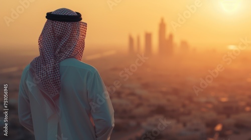 Arab businessman standing on top of a skyscraper overlooking the city