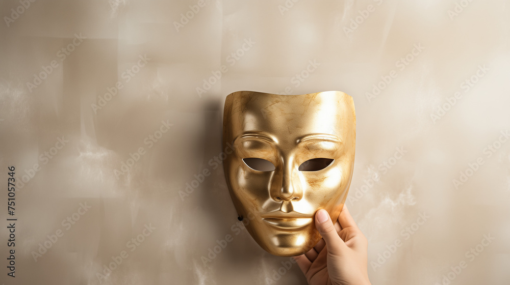 A person standing and holding a gold mask up against a plain wall. Luxury trendy background. Banner, copy space. Advertising for acting and theater courses. A person standing and holding a gold mask up against a plain wall. Luxury trendy background. Banner, copy space. Advertising for acting and theater courses.