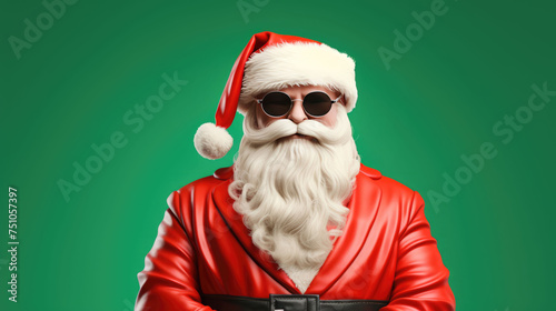 Portrait of funny crazy hipster Santa Claus in red hat fun Christmas x-mas party celebrate New year time dance on green background.