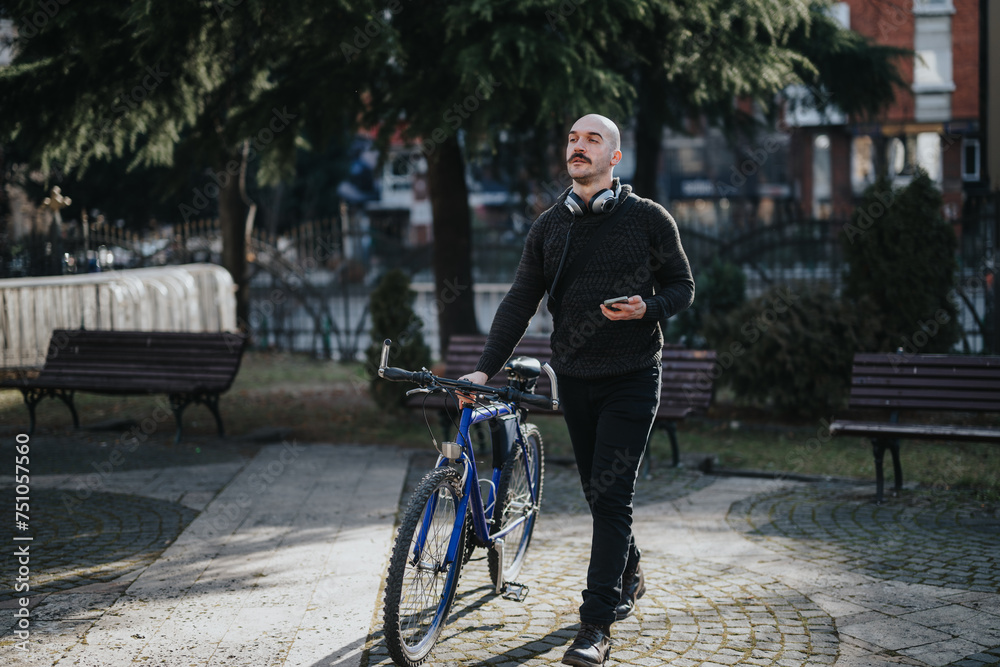 A relaxed man standing next to his bicycle in an urban park, holding a smart phone and enjoying a sunny day.