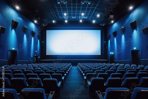 Empty of cinema in blue color with white blank screen