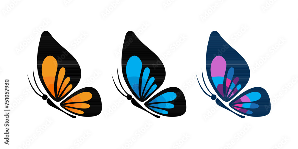 colorful butterfly vector illustration set. orange blue violet