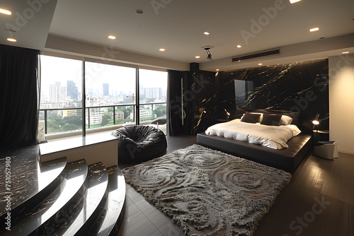 A modern black and white bedroom. Minimalist interior design.