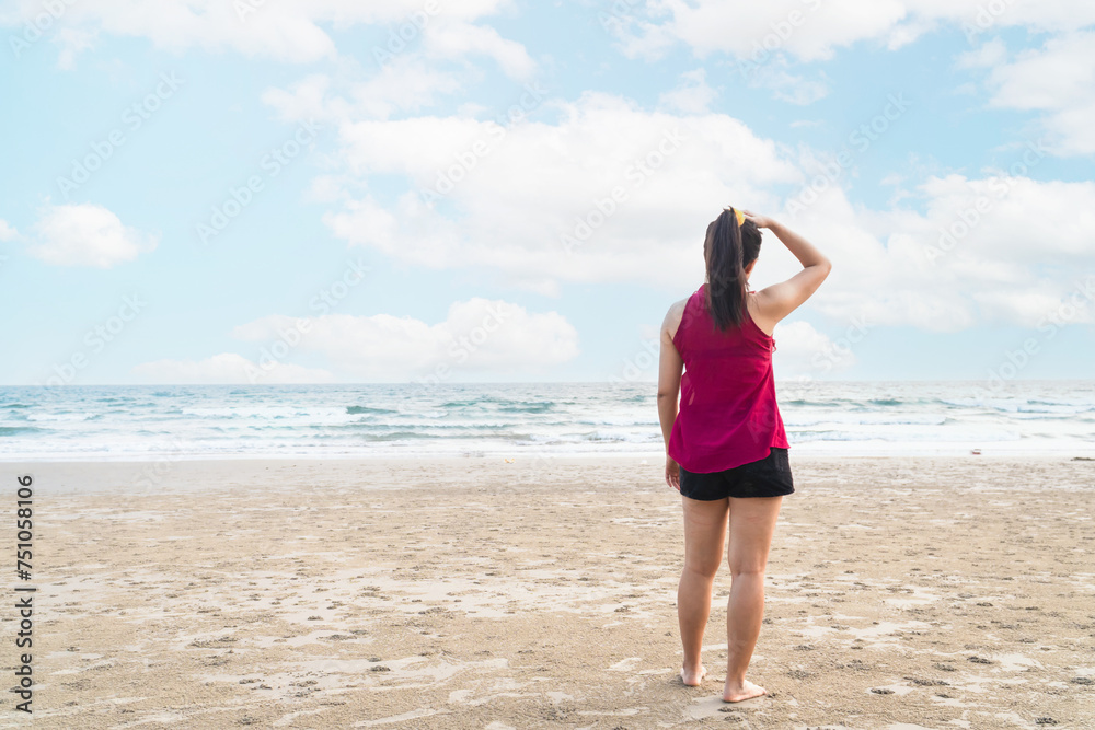 Summer beach vacation concept, happy woman on sea beach background. Summer beach vacation concept, happy woman on sea beach background.