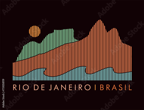 Vector illustration of colorful silhouettes of mountains in the coastal region of Rio de Janeiro. Art in graphic style formed by vertical stripes.