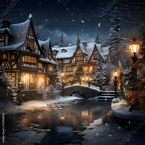 Digital painting of a winter night in the village with houses and river