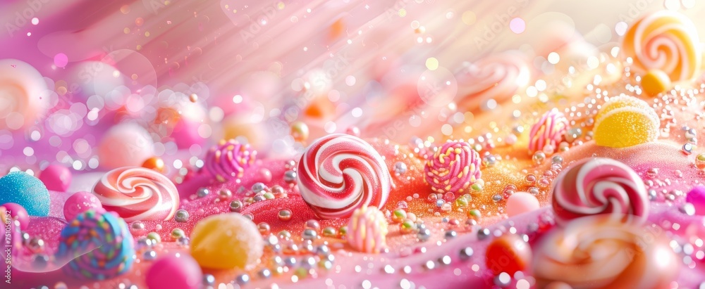 Vivid landscape of sparkling candies and lollipops with a dreamy bokeh effect, conjuring a sense of joyful wonder.