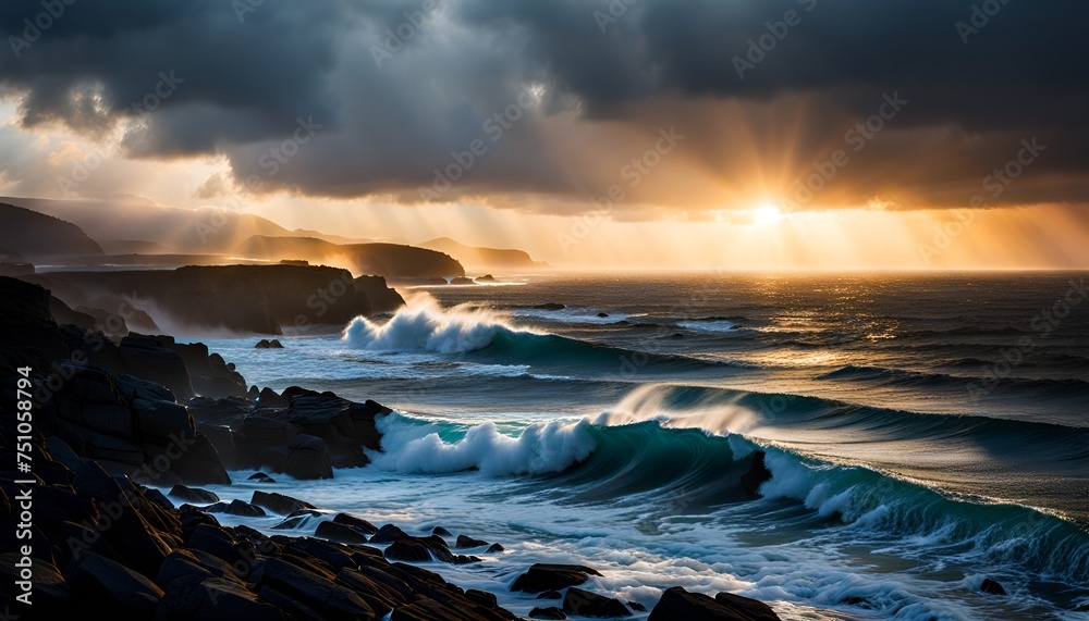 Dramatic ocean waves crashing on the shore with rays of sunlight coming through the clouds. 