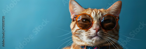 A cat wearing sunglasses that says'cat'on it , Illustration of adorable tabby ginger cat with ribbon 