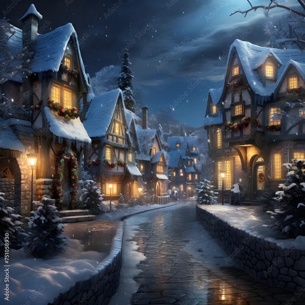 Winter fairy tale village in the snow at night. 3d rendering