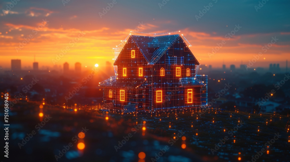 A merging of traditional and futuristic elements with a classic house outline filled with a grid of futuristic symbols and icons. This represents the evolution of the real A merging of traditional and futuristic elements with a classic house outline filled with a grid of futuristic symbols and icons. This represents the evolution of the real